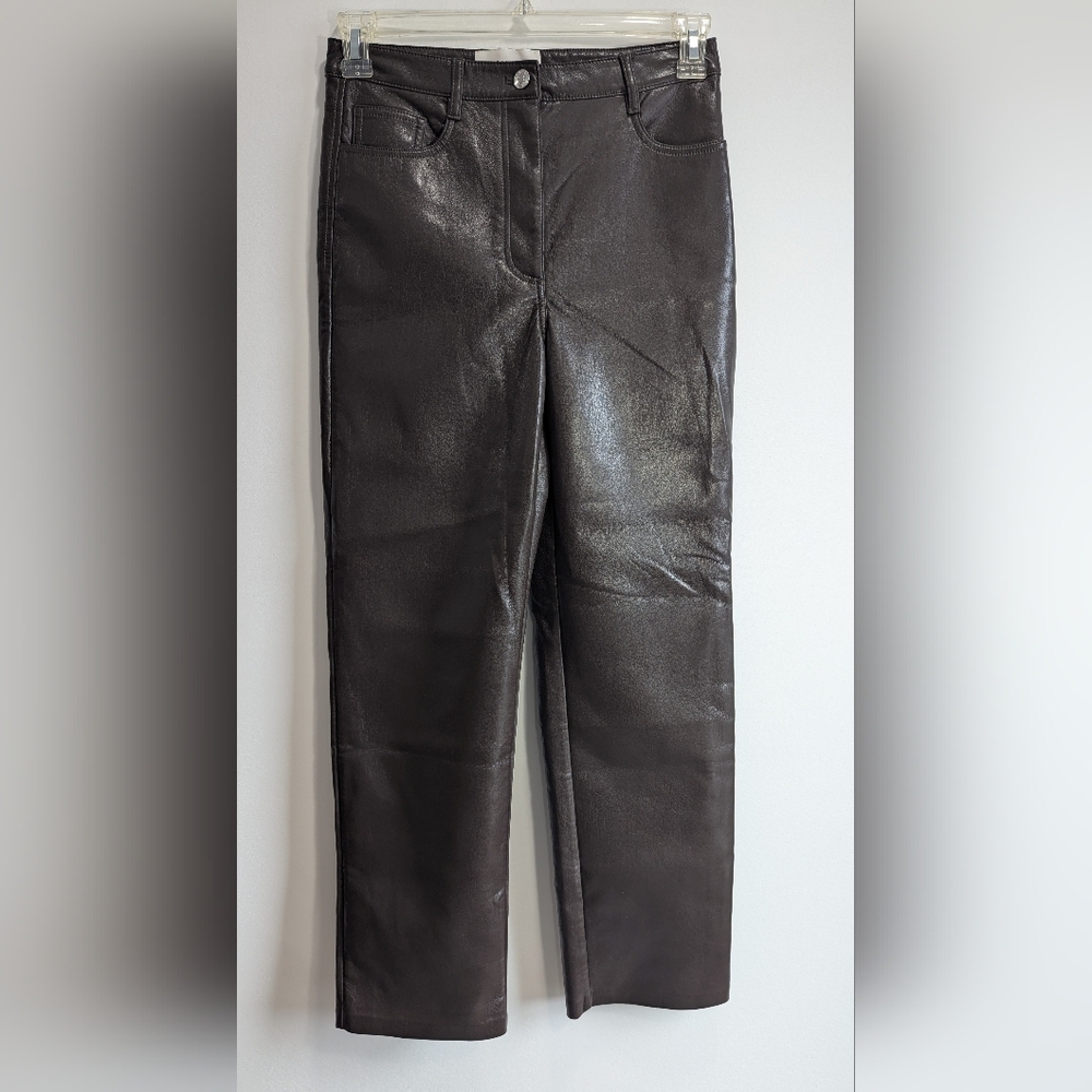 Aritzia Wilfred The Melina Pant High Waisted Vegan Leather Dk Brown Straight, 6